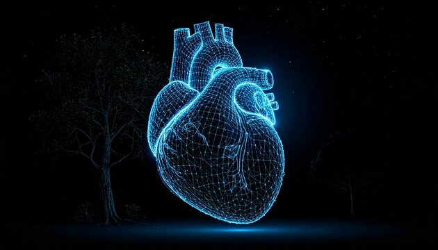 A glowing blue wireframe heart floats against a dark backdrop, merging technology with anatomical precision.
