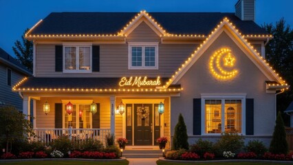 Cozy suburban home glowing at dusk with warm Eid Mubarak lights, crescent and star decorations, and welcoming porch details, showing how a modern family celebrates Ramadan and Eid with love, pride, an