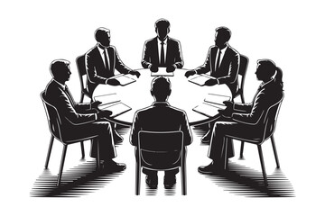 Silhouetted business people in a meeting around a round table