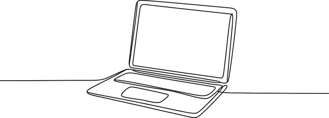Continuous one line drawing of an open laptop computer on a white background, symbolizing digital technology, work, education, and online connection. Vector, illustration