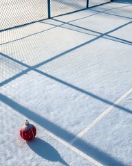 Red Christmas Ornament on Snowy Court with Fence Shadows