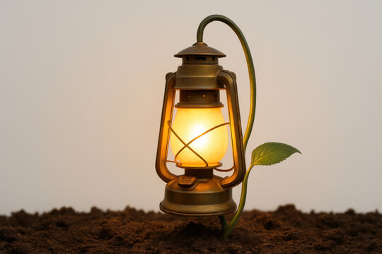 A glowing lantern growing out of the ground like a plant. Space for text.