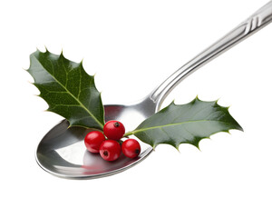 Holly and berries on a spoon, transparent background