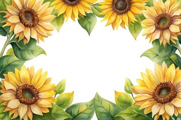 Watercolor sunflowers and green leaves frame with a white space in the center