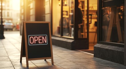 Black vertical signboard in wooden frame with pink neon text OPEN, sunset city street. Welcome sign for cafes and restaurants, small local stores, new businesses. Window shop on background