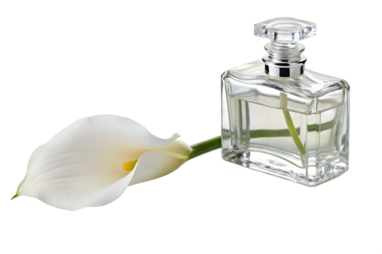 Elegant perfume bottle with a white calla lily, transparent background