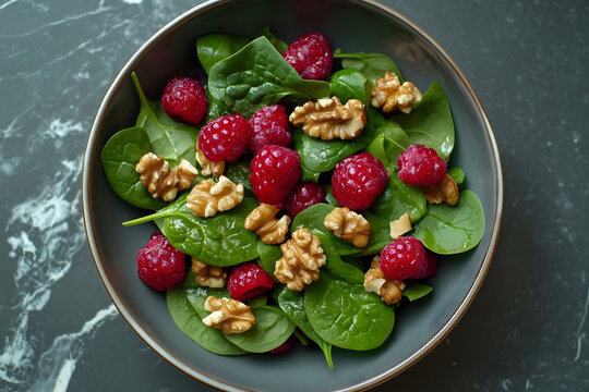 Light strawberry spinach salad with goat cheese and walnuts served in a rustic bowl for a fresh summertime meal - Powered by Adobe