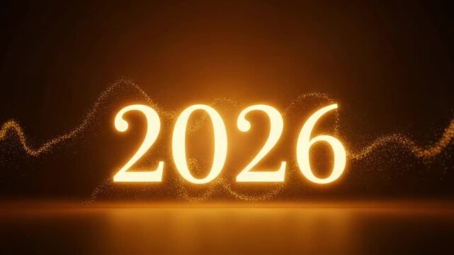 Year 2026 glowing golden text with sparkling particles and light trails