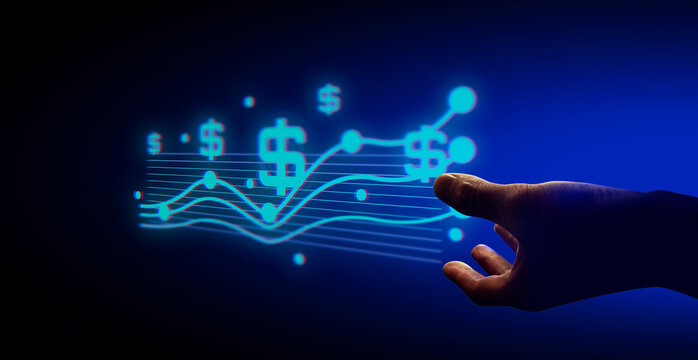 businessman hand holding holographic of graph growth financial network on black background, internet social online technology