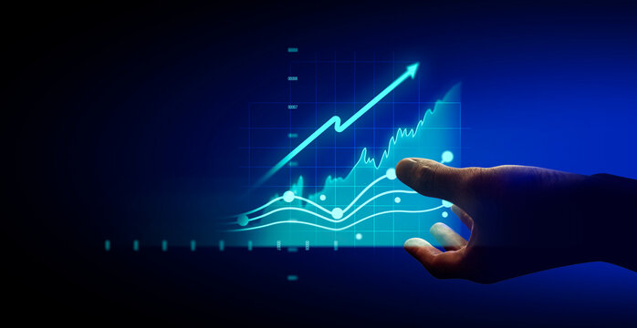 businessman hand holding holographic of graph growth financial network on black background, internet social online technology - Powered by Adobe