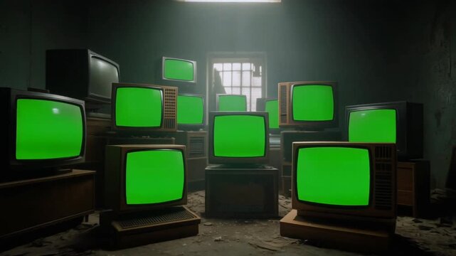 Old vintage style TV turning on with green screen for video masking