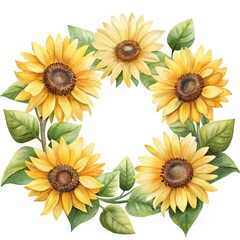 Watercolor sunflower wreath with green leaves, perfect for autumn decorations and invitations