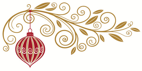 Golden swirling branch corner ornament with hanging ornate red and white christmas bauble vector
