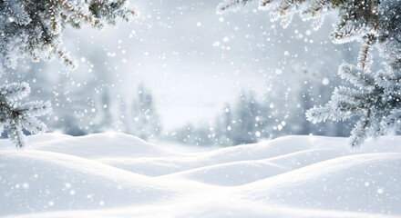 Magical snowy landscape scene with frosty pine branches and gentle snowfall for the winter season