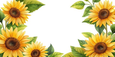 Watercolor sunflowers frame with green leaves and white background invitation template