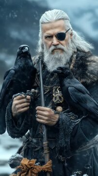 Ancient Norse supreme god, one eyed bearded elder, powerful leader with long white hair. Wise ravens accompany the Valhalla warrior deity, observing snowy winter realm.