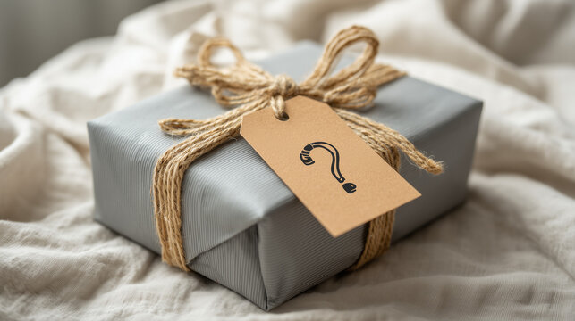 Wrapped gray gift box with mystery tag on soft fabric background, Secret Santa