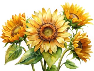 Beautiful Watercolor Painting of Vibrant Sunflowers with Detailed Petals and Green Leaves