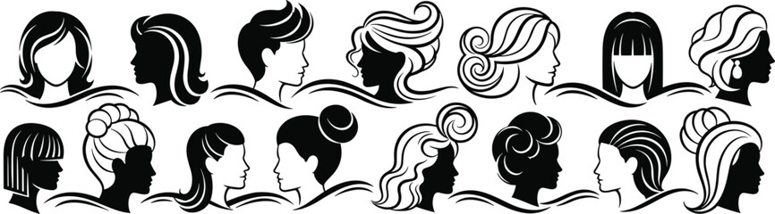 Collection of women hairstyle silhouettes featuring long and short haircuts for beauty salon and hairdresser logo design.