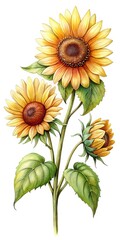 Elegant watercolor painting of sunflowers with vibrant yellow petals and lush green leaves