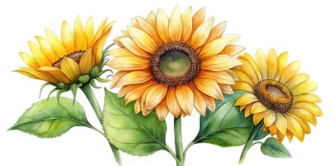 Beautiful watercolor painting featuring three vibrant sunflowers with their elegant green leaves