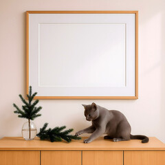 Empty Picture Frame Mockup with Cat and Minimal Scandinavian Decor