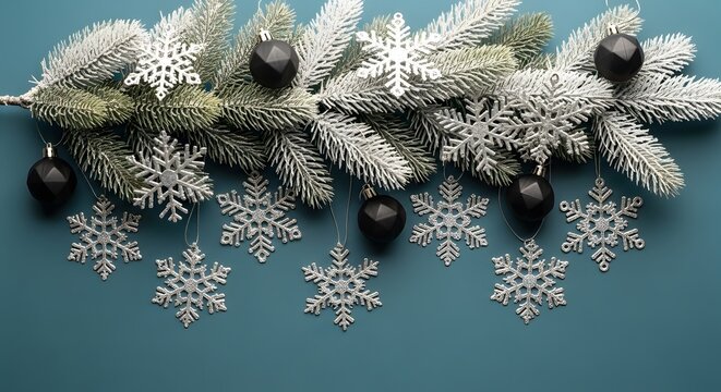 Elegant winter holiday background with frosted pine and silver snowflakes for the festive season