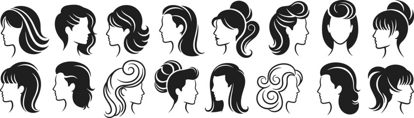 Set of women hairstyle silhouettes, black female head profiles with various haircuts and styling for beauty salon logo design.