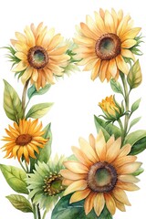 Watercolor illustration of a sunflower frame with vibrant petals and leaves