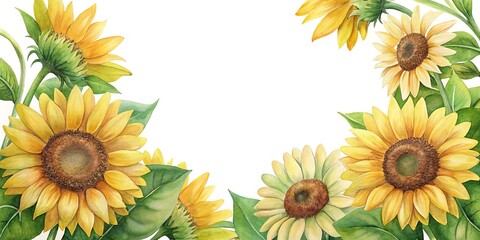 Beautiful watercolor painting of sunflowers arranged as a frame around white space