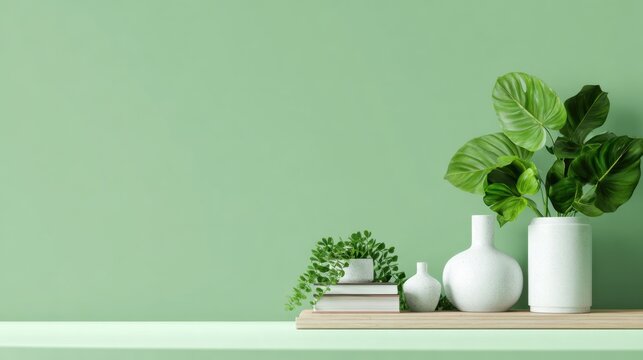 A stylish shelf features various decorative elements like green plants sleek vases and stacked books. The light green wall adds warmth creating a welcoming atmosphere.