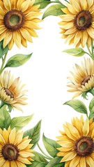 Watercolor sunflowers frame with green leaves, perfect for invitations and greetings