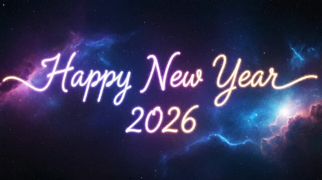 Happy new year 2026 neon script in space