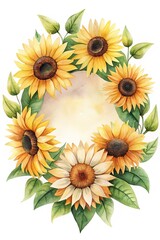 Watercolor Sunflower Wreath with Green Leaves and a Central Glowing Aura