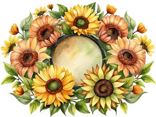 Watercolor Sunflowers and Green Leaves Border with Circular Center