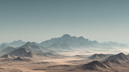 Fototapeta premium A serene desert landscape unfolds with soft dunes and rugged mountains in the distance. The sky is bright and clear hinting at the tranquility of early morning light.