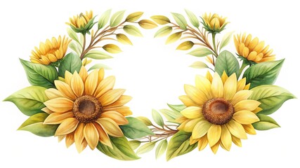 Beautiful watercolor sunflower wreath with green leaves and branches on white background