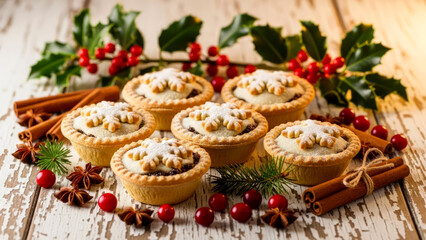 Christmas mince pies and holly berry leaves on the table. Traditional British Christmas homemade dessert with fruits and nuts.