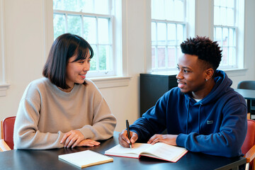 Asian young woman and Black young man sitting at desk studying together, man writing in notebook while woman smiling and in conversation in bright classroom setting