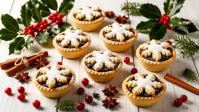 Christmas mince pies and holly berry leaves on the table. Traditional British Christmas homemade dessert with fruits and nuts.