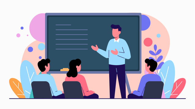 eacher Explaining Lesson on Large Blackboard &ndash; Modern Flat Illustration