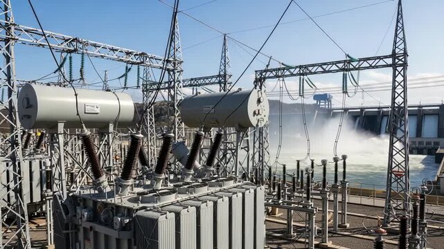 Detailed scene of electrical infrastructure near dam and spillway