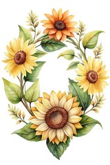Watercolor Sunflower Wreath with Green Leaves and Yellow and Orange Petals