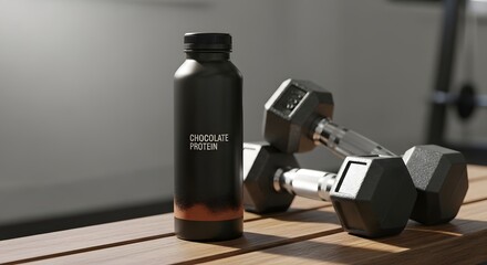 Chocolate protein shake with dumbbells in gym setting for fitness and recovery