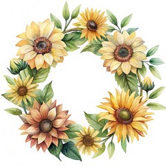 Watercolor Sunflower Wreath with Leaves for Summer and Autumn Decor Designs