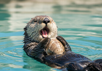 Wild sea otter with a cheerful mood cracking a clam while floating on its back in bright blue water.