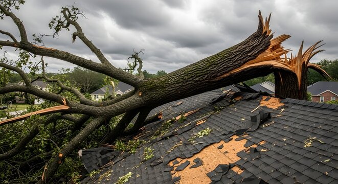 Storm damage hits residential area with fallen tree on roof capturing severe weather aftermath and destruction impact