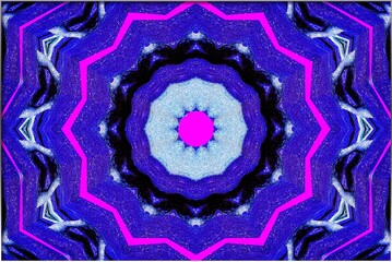Concentric patterns unfold in vivid symmetry, their circular core glowing with deep blue and electric pink.