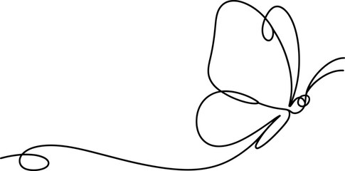 Continuous line art drawing of a graceful butterfly in flight, elegant minimalist insect artwork, simple abstract design on clean white background. Vector, illustration