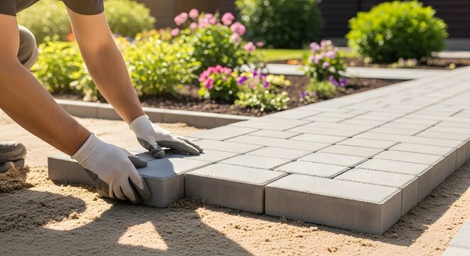 Garden pathway construction with concrete pavers in a colorful summer landscape design for outdoor spaces